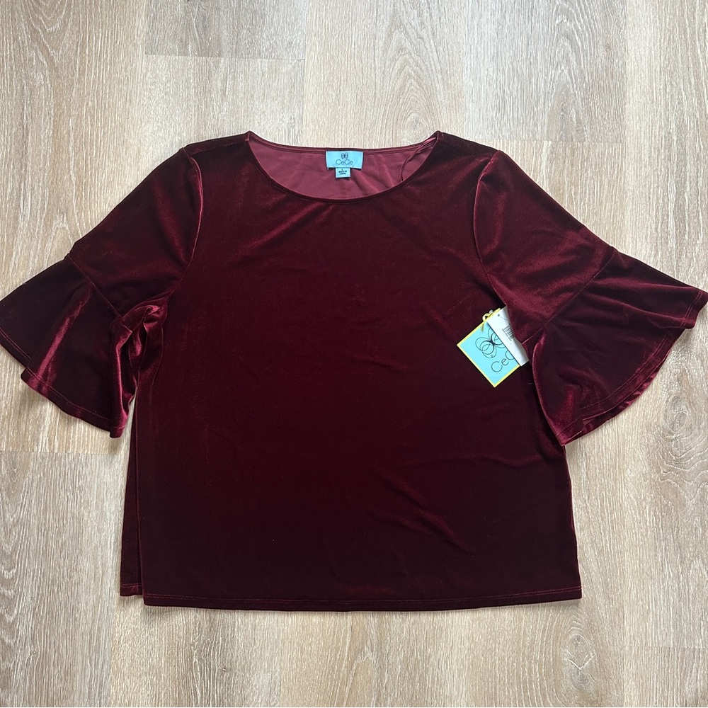 CeCe Velvet Bell-Sleeve Top in Burgundy